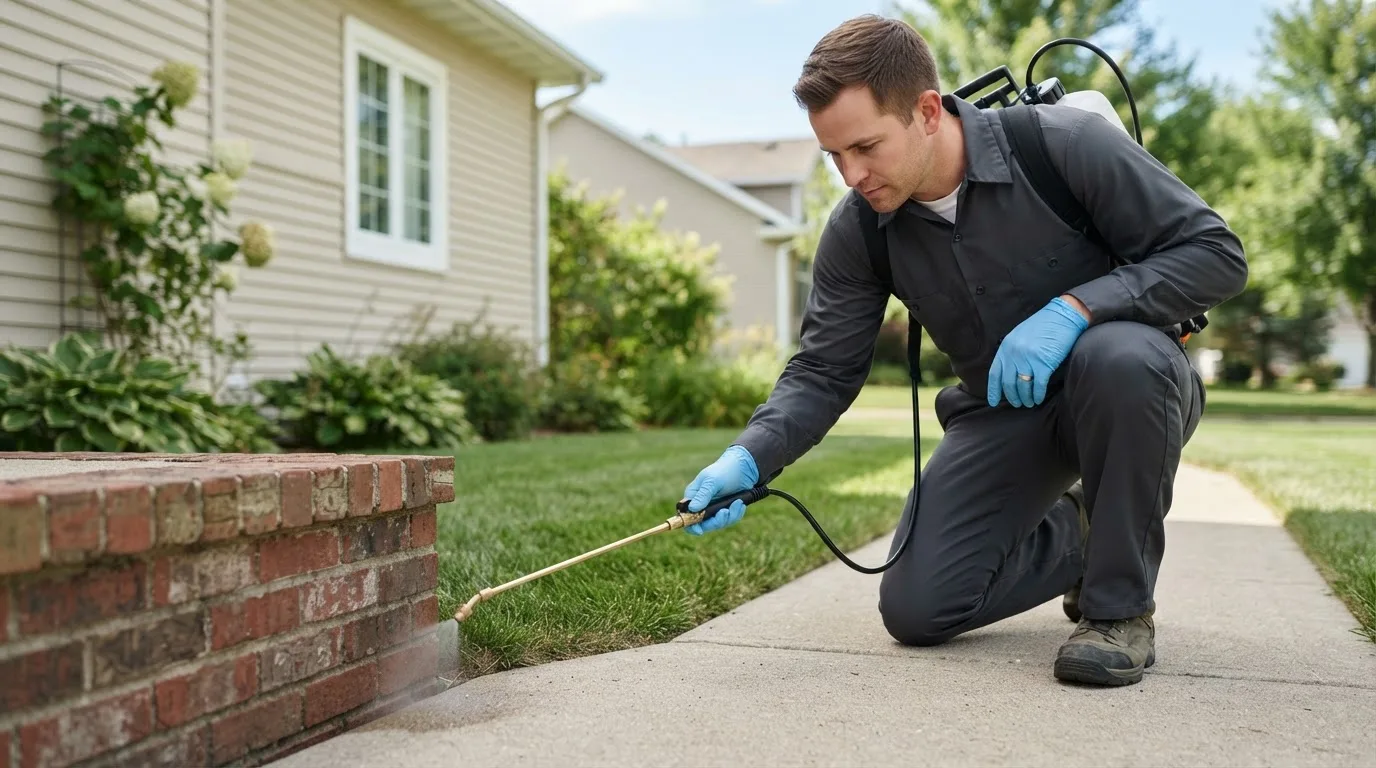 Pest control technician treating a home near Concepcion, TX